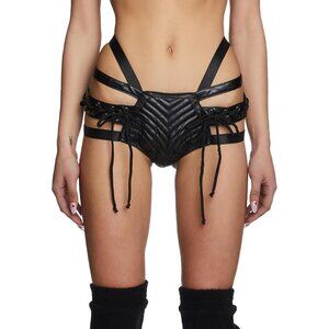 Women Black Vegan Leather Dolls Kill Rude Awakening Lace-Up Shorts by Club